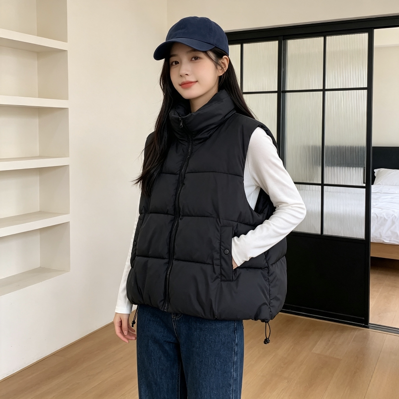 秋冬慵懒风宽松大码小个子无袖立领棉服马夹外套女百搭加厚保暖潮