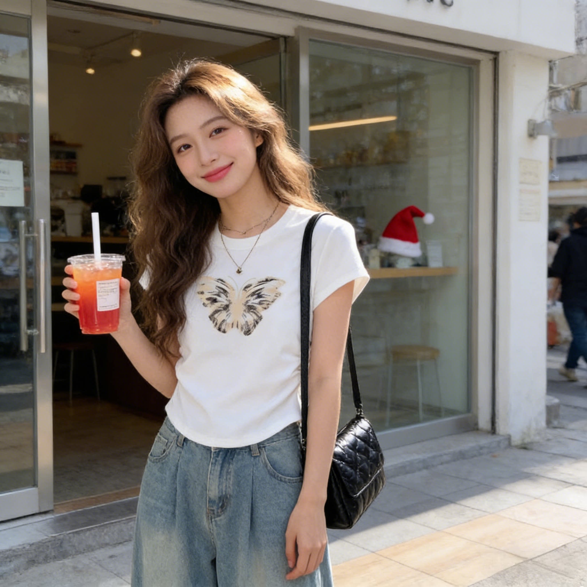 夏季新款设计感小众卡通蝴蝶印花短袖T恤女修身显瘦掐腰短款上衣