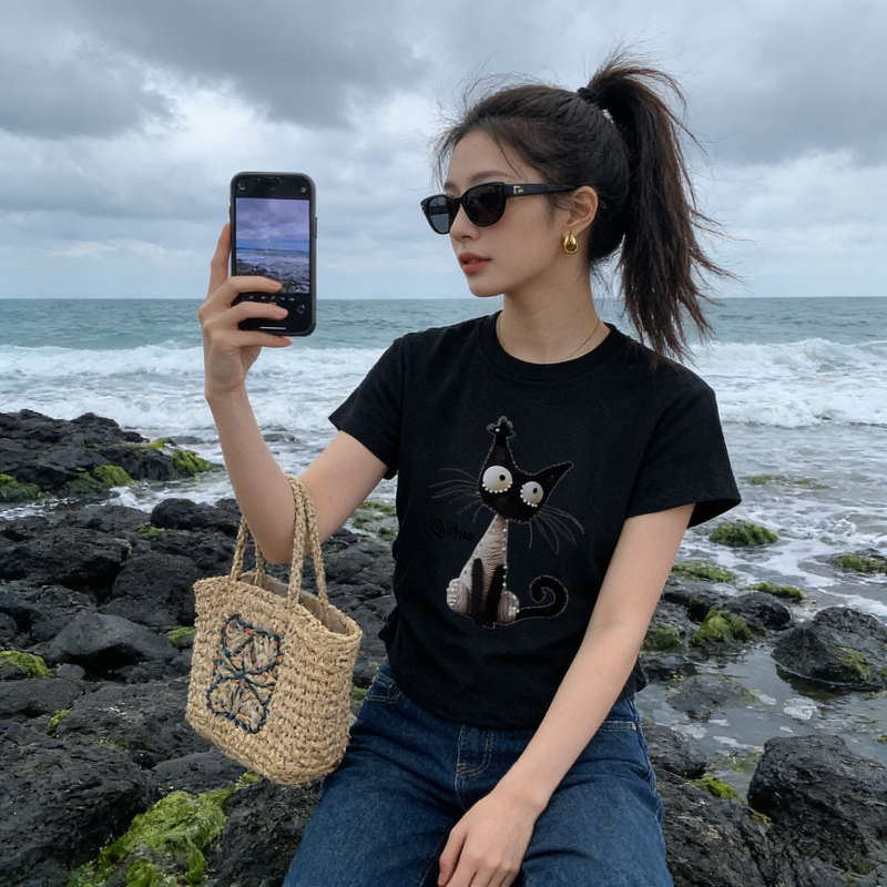 正肩短袖T恤女夏季短款小众设计感修身显瘦抽褶洋气气质短款上衣