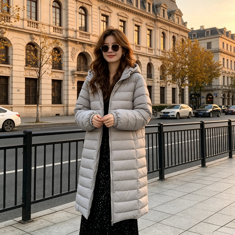 欧货连帽中长款过膝休闲宽松大码小个子棉服外套女百搭面包服洋气