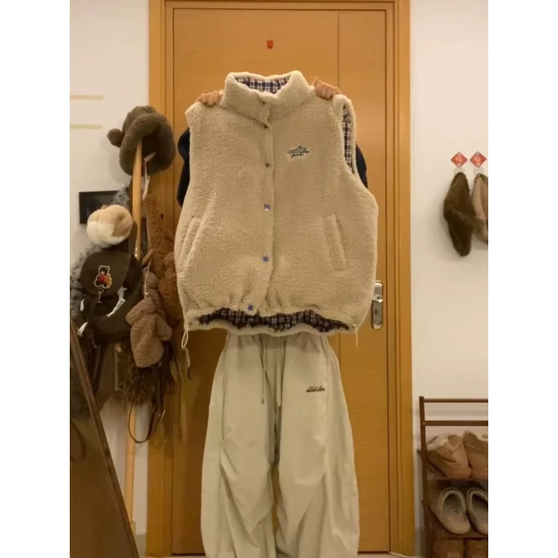 羊羔毛两面穿设计感立领无袖坎肩休闲宽松小个子棉服马夹外套女潮
