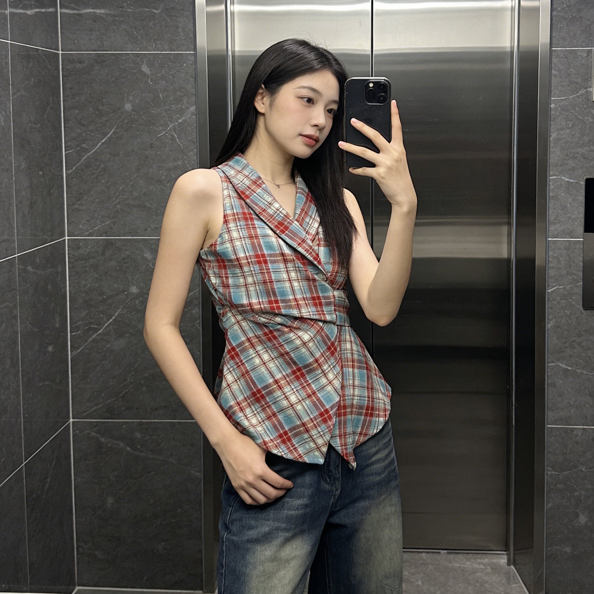 美式辣妹复古格纹V领吊带背心女早春夏内搭外穿夏季收腰修身上衣
