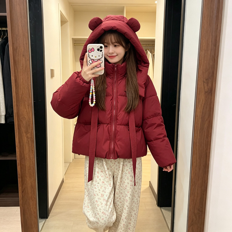 圣诞小熊耳朵红色宽松大码小个子减龄软妹加厚保暖棉服外套女洋气