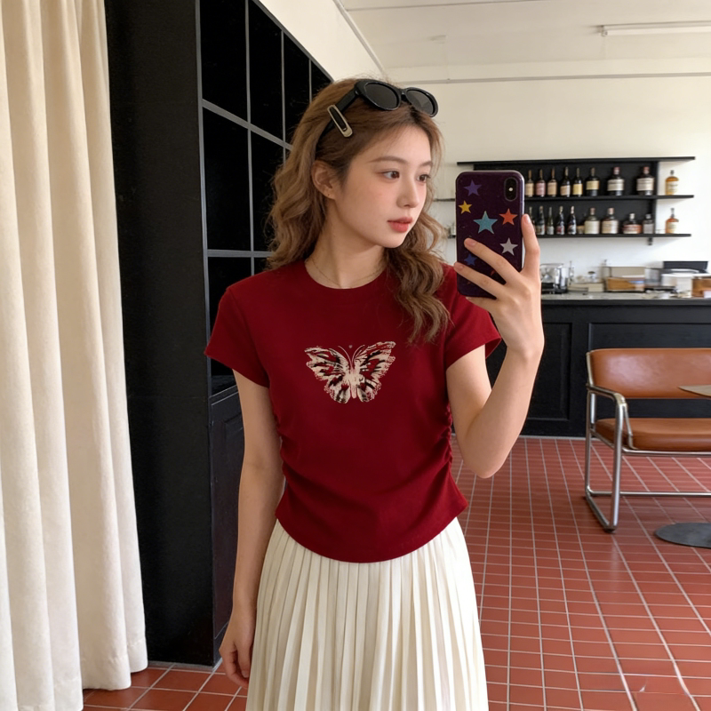 修身正肩设计感抽褶短款洋气圆领短袖T恤上衣女小众百搭显瘦新款