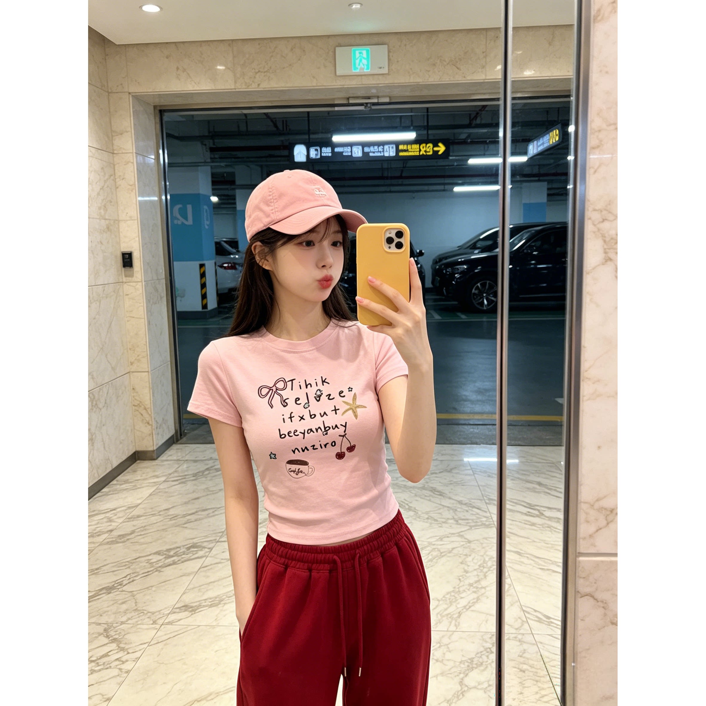 粉色减龄学生短款小众正肩小飞袖短袖T恤女小个子百搭甜辣风上衣