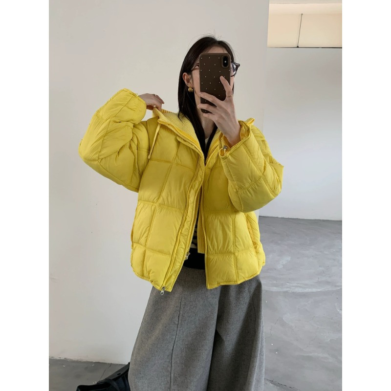 欧货秋冬设计感泡芙针织帽子拼接休闲宽松大码小个子棉服外套女潮