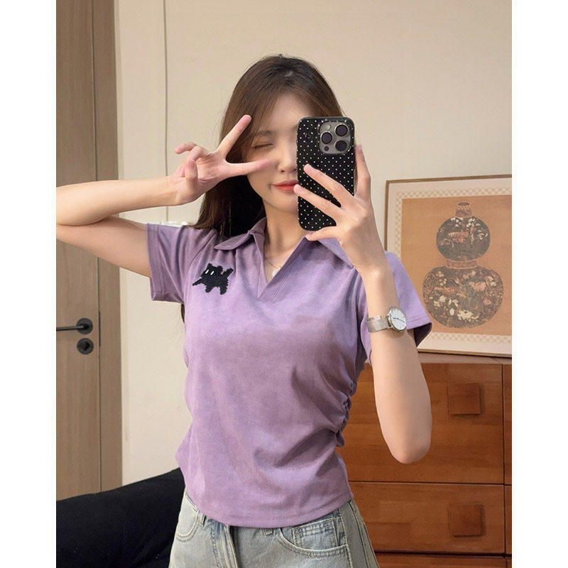 夏季正肩香芋紫短款修身显瘦小个子短款Polo衫短袖T恤上衣女洋气