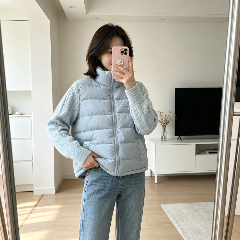 水蓝色减龄气质休闲宽松设计感针织麻花袖子拼接洋气棉服外套女潮