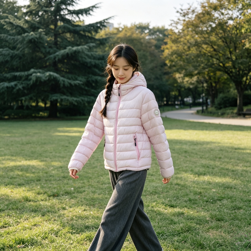 粉色温柔风减龄连帽排骨服女秋冬设计感休闲宽松轻薄保暖棉服洋气