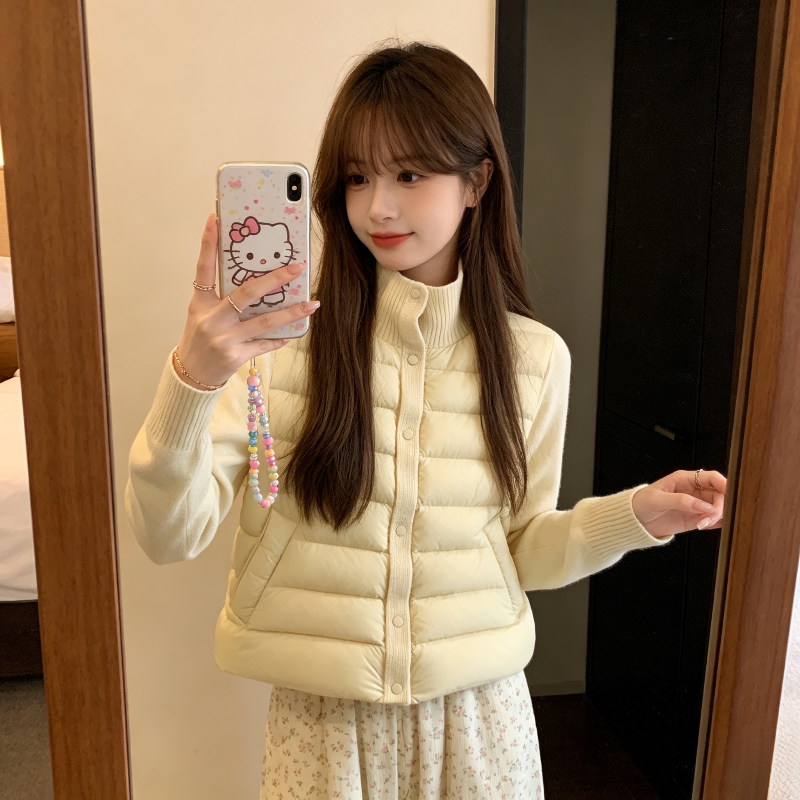 奶黄色温柔风减龄设计感针织袖子拼接宽松小个子棉服外套女排骨服