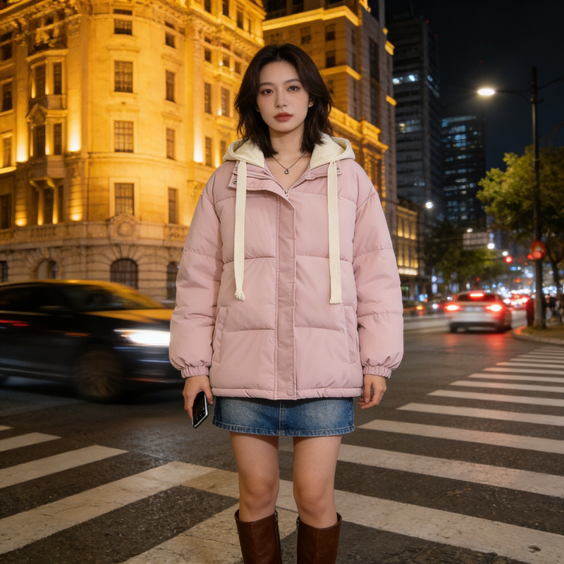 粉色减龄设计感宽松连帽加厚保暖假两件棉服外套女百搭面包服棉袄
