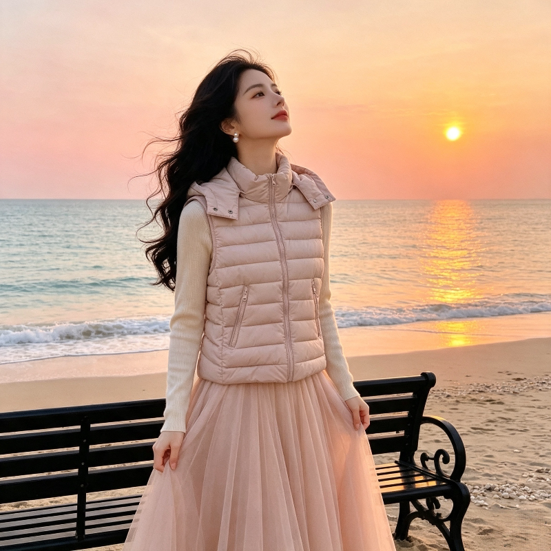 粉色温柔风减龄修身显瘦小个子无袖坎肩排骨服棉衣马夹外套女洋气