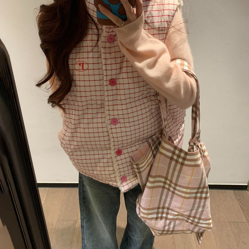 羊羔毛格子双面两穿设计感休闲宽松小个子立领保暖棉服马夹外套女