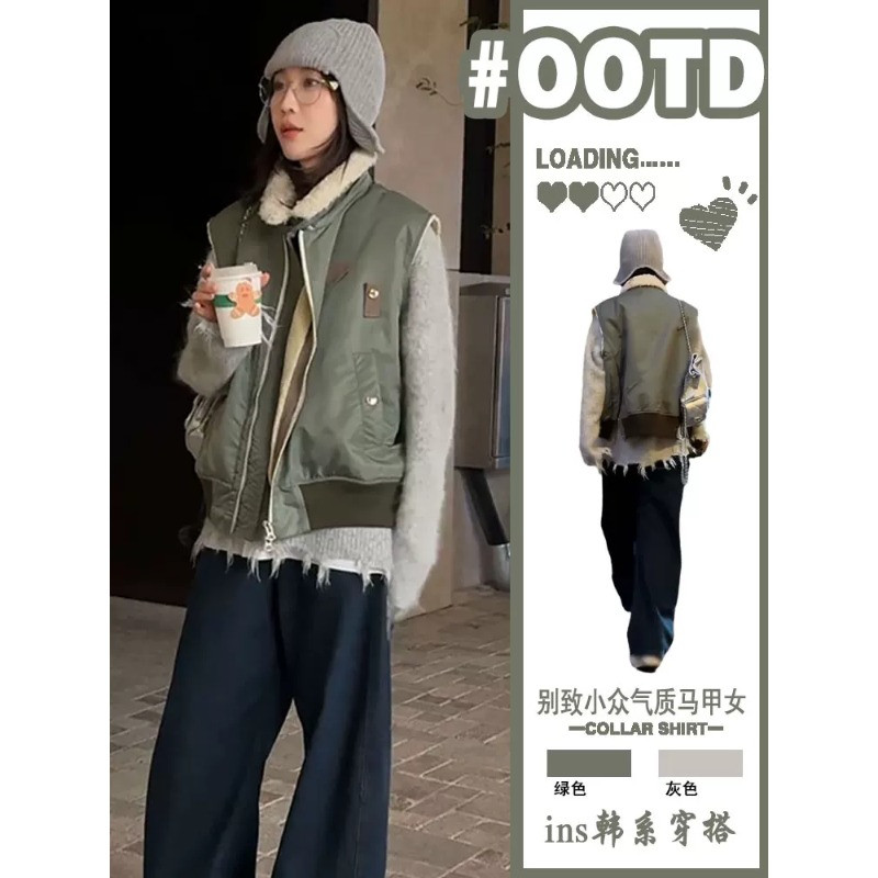 秋冬翻领设计感休闲宽松大码加绒加厚保暖防寒无袖坎肩棉服马夹女