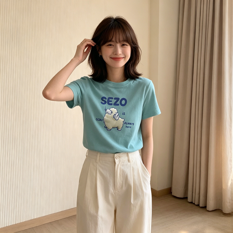 湖蓝色温柔风减龄学生圆领正肩短袖短款小众T恤上衣女洋气百搭潮