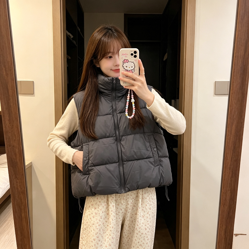 欧货秋冬慵懒风宽松大码小个子无袖立领坎肩棉服马夹外套女减龄潮
