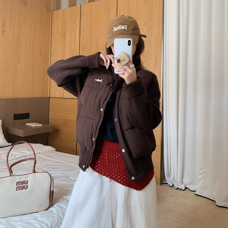 欧货冬季立领设计感针织袖子拼接休闲百搭气质棉服外套女面包服潮