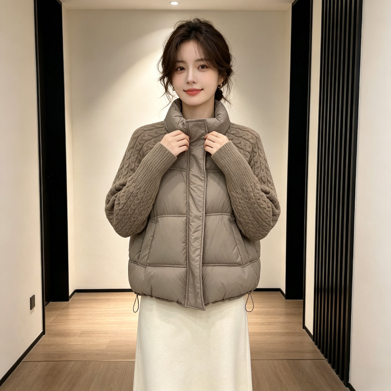 立领针织麻花袖子拼接设计感宽松休闲保暖防寒欧货棉服外套女棉袄