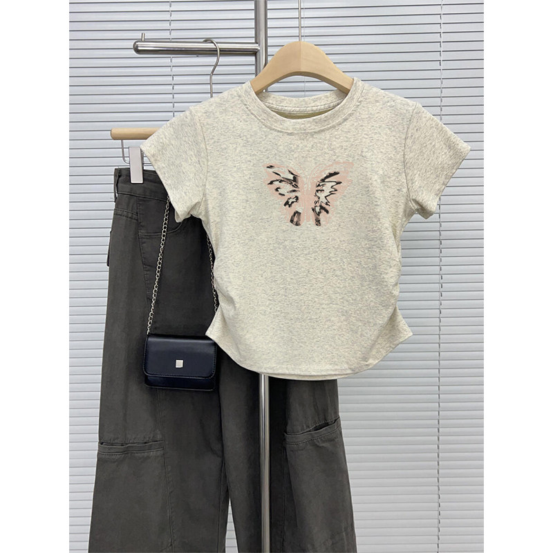 修身显瘦短款上衣潮ins美式蝴蝶印花正肩收腰扎染短袖t恤女生夏季