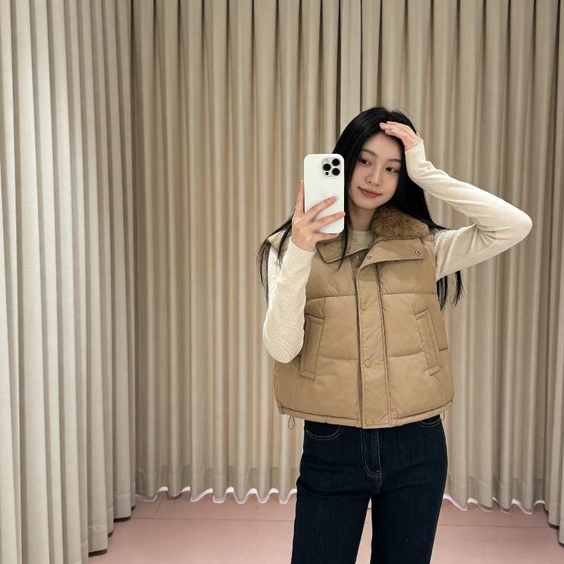 欧货大毛领设计感宽松小个子慵懒风无袖坎肩棉服马夹外套女马甲潮