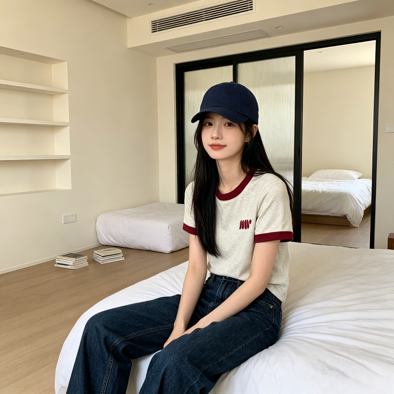 学院风减龄拼接撞色设计感短款修身显瘦小个子短袖T恤上衣女洋气