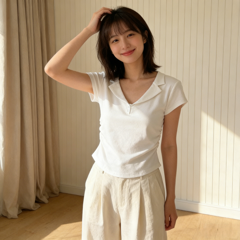 温柔风白色polo衫短款短袖翻领T恤女夏季修身显瘦设计感褶皱上衣
