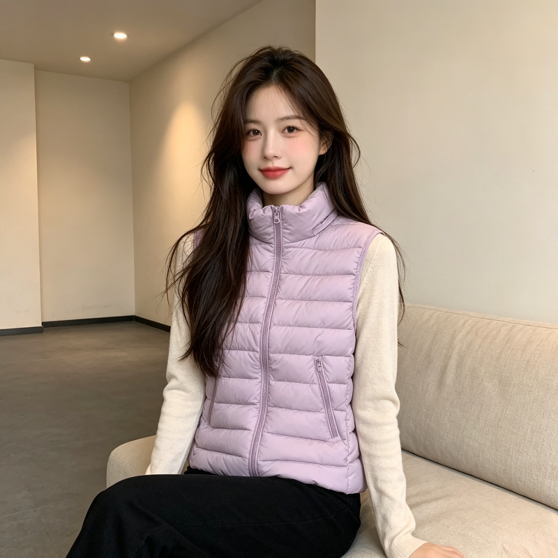 轻熟风立领设计感轻薄款秋冬无袖坎肩棉服马夹外套女排骨棉袄修身