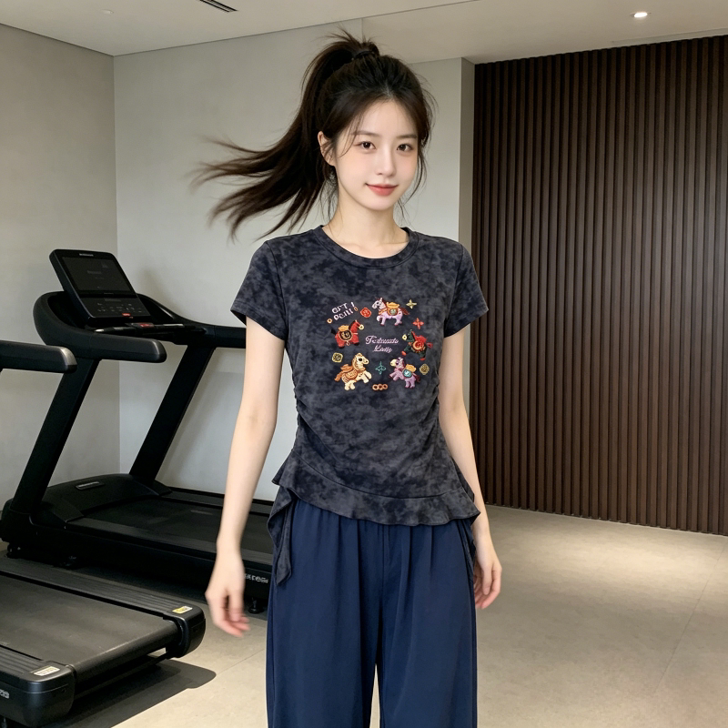 扎染设计感正肩圆领不规则荷叶边下摆短袖掐腰小飞袖T恤上衣女潮