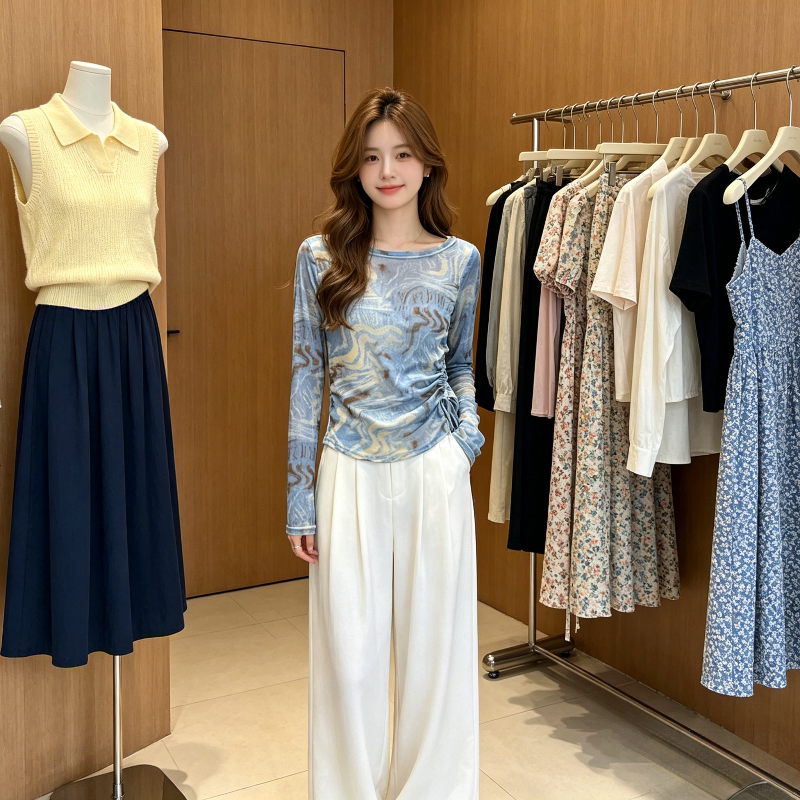 设计感扎染拼接撞色设计感薄款冰丝透气休闲小个子防晒长袖T恤女