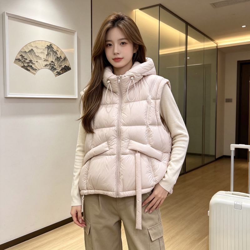 粉色温柔风减龄连帽宽松大码小个子无袖坎肩棉服马夹外套女休闲潮