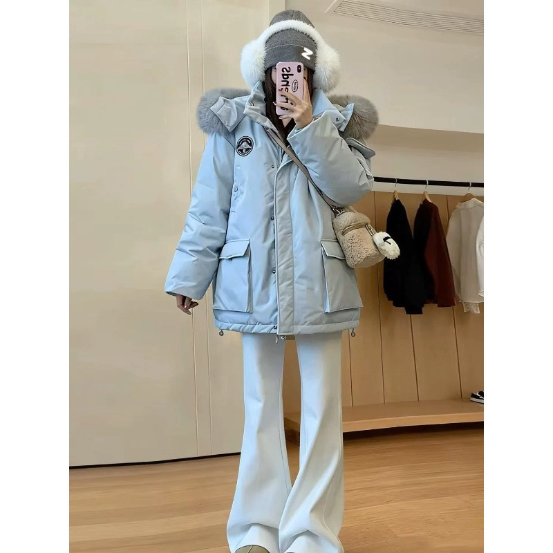 慵懒风工装毛领连帽加厚保暖防寒宽松大码小个子百搭派克棉服女潮
