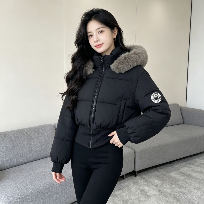 大毛领冬季连帽加厚保暖防寒短款宽松小个子收腰气质棉服外套女潮