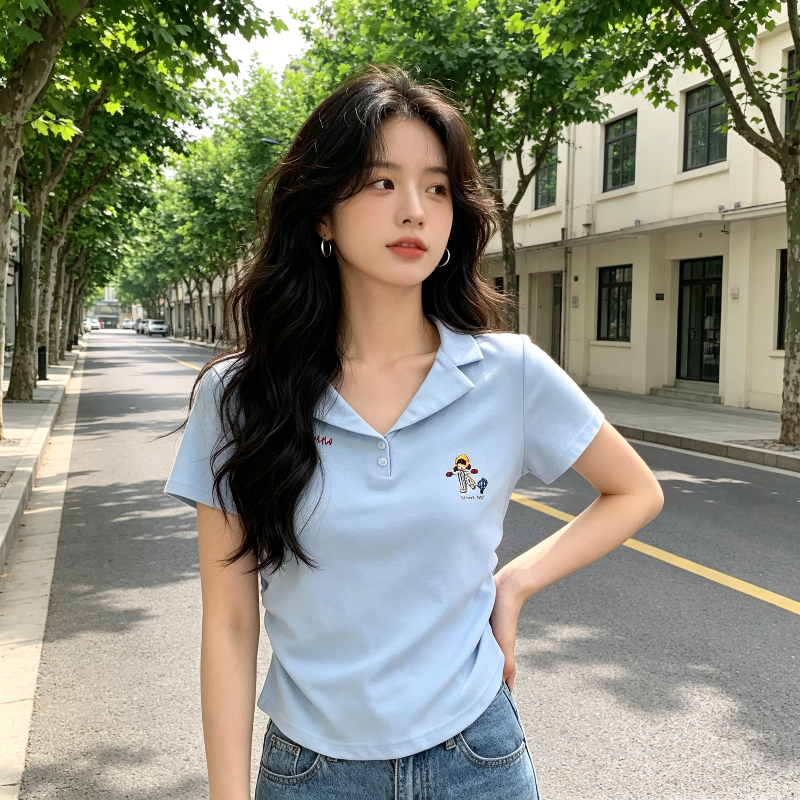 掐腰显瘦设计感短款修身高腰纯欲polo衫翻领短袖T恤女小个子上衣