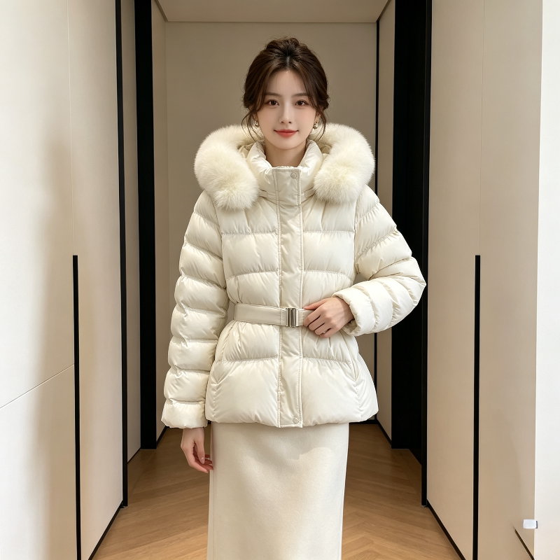 温柔风白色连帽大毛领收腰显瘦加厚保暖防寒宽松小个子棉服外套女