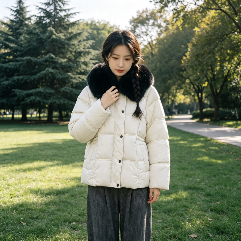 欧货大毛领收腰显瘦小个子加厚保暖防寒宽松翻领棉服外套女设计感
