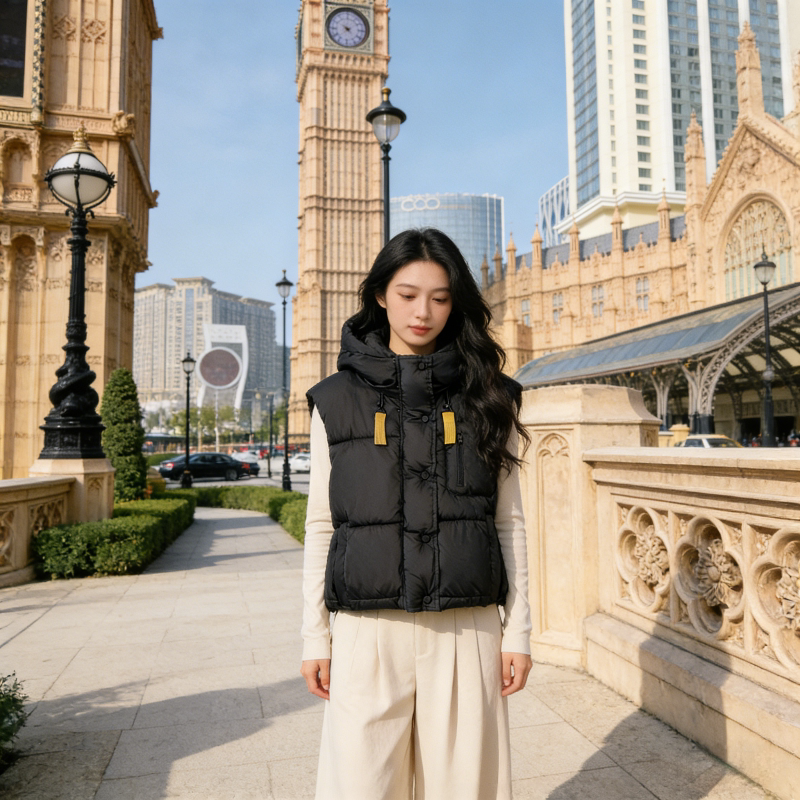 冬季慵懒风设计感立领宽松大码小个子无袖坎肩棉服马夹外套女背心