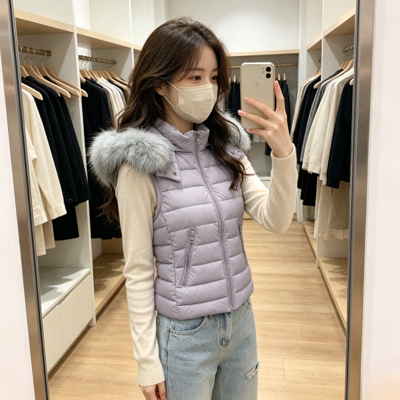 欧货大毛领修身显瘦连帽小个子秋冬百搭排骨服无袖棉服马夹外套女