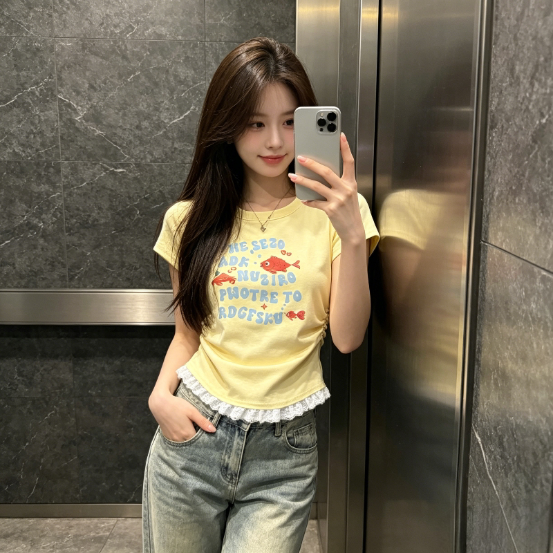 奶黄色夏季正肩圆领修身显瘦短款小众掐腰短袖T恤上衣女小飞袖潮