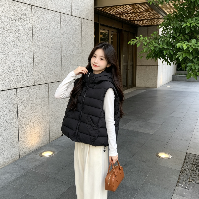 秋冬慵懒风宽松大码小个子休闲无袖坎肩连帽棉服马夹外套女洋气潮
