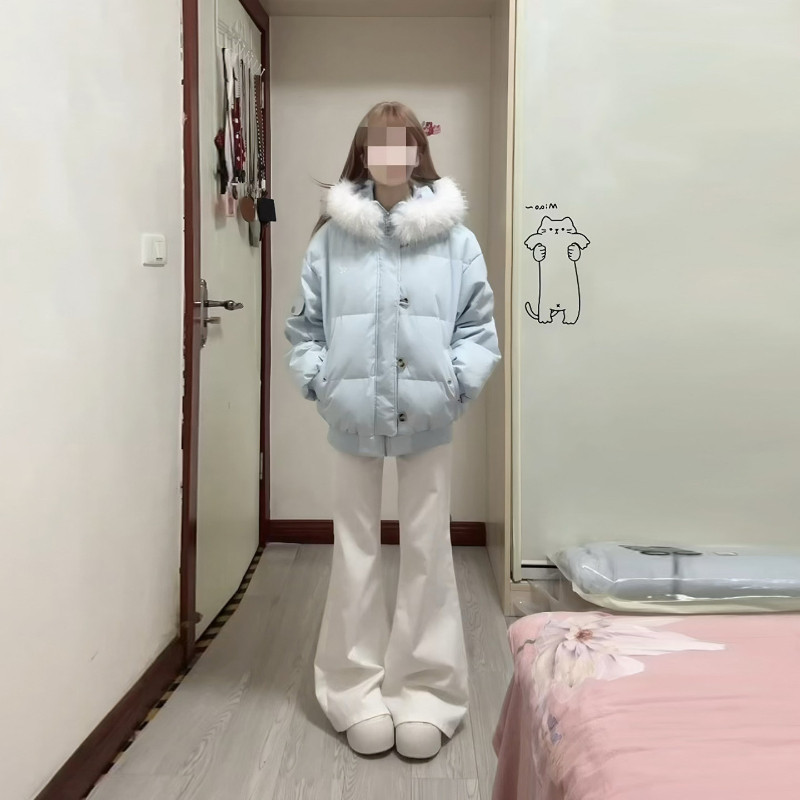水蓝色减龄冬季大毛领加厚保暖防寒连帽小个子宽松大码棉服外套女