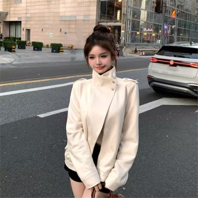 白巧克力温柔风轻奢气质立领休闲宽松百搭皮衣外套女机车夹克洋气