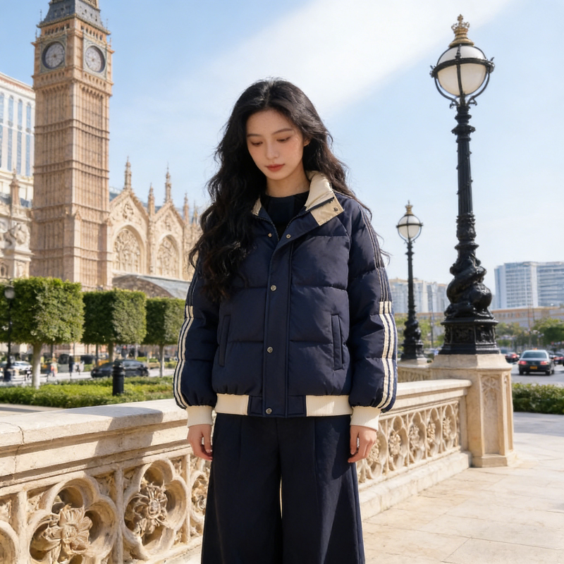 三条杠立领拼接撞色加厚保暖防寒宽松大码小个子棉服外套女面包服