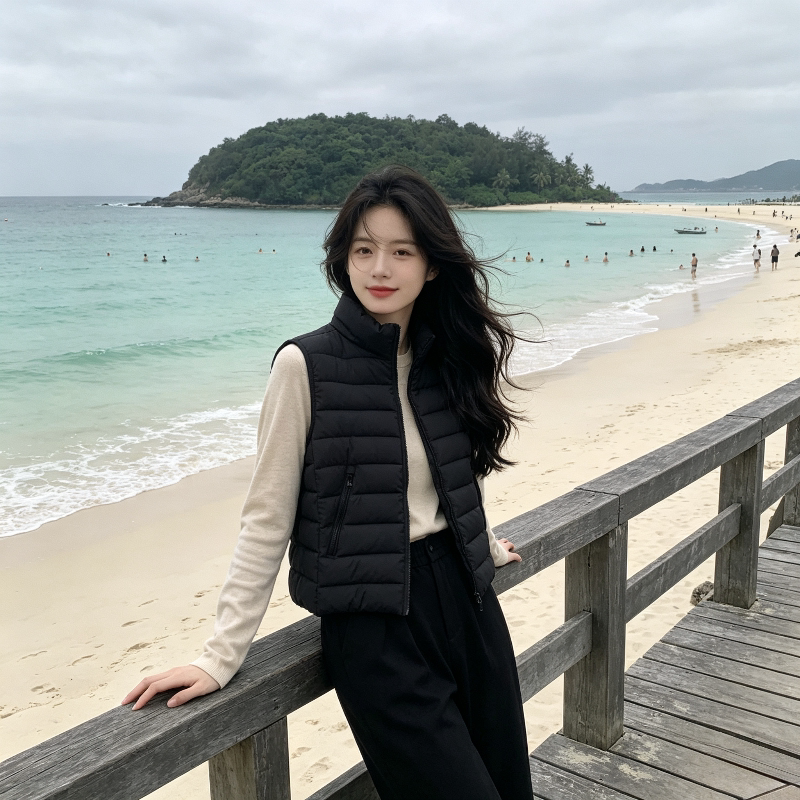 秋冬轻薄款修身显瘦小个子无袖立领坎肩排骨棉服马夹外套女洋气潮