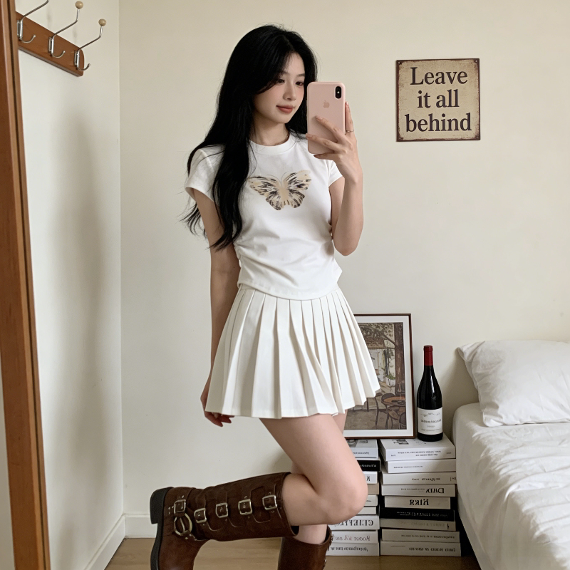 短袖T恤女修身显瘦设计感抽褶短款洋气小众百搭小个子上衣洋气潮