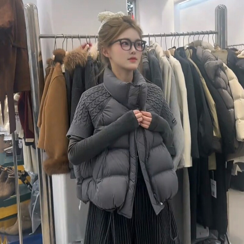 秋冬设计感立领休闲宽松小个子针织拼接短袖棉服马夹外套女洋气潮