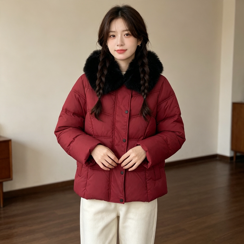大红色冬季加厚保暖翻领大毛领棉服外套女收腰显瘦气质小个子洋气