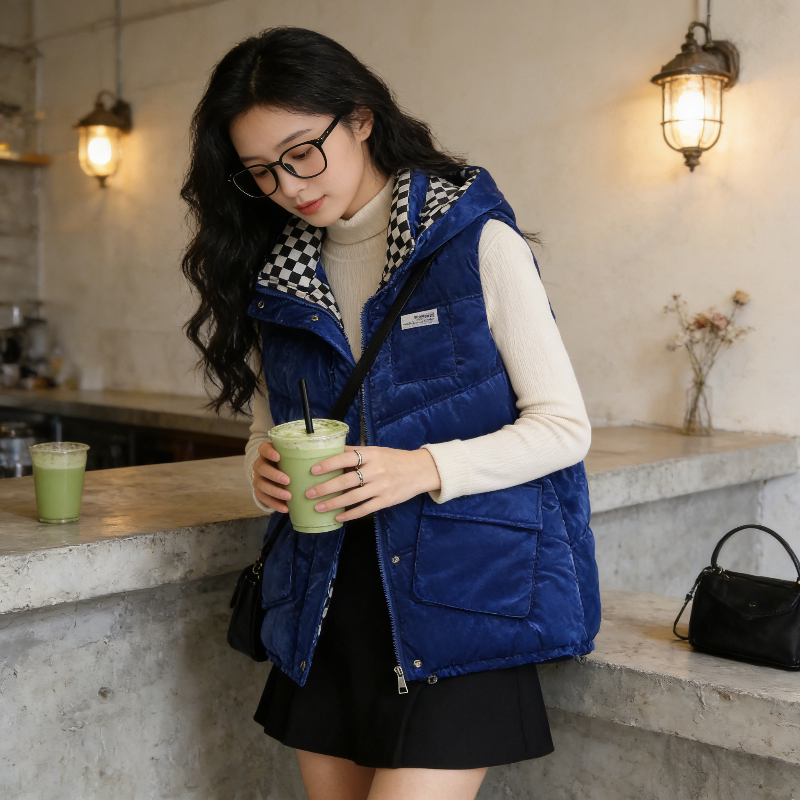 棋盘格连帽设计感宽松大码小个子无袖坎肩棉服马夹外套女背心马甲