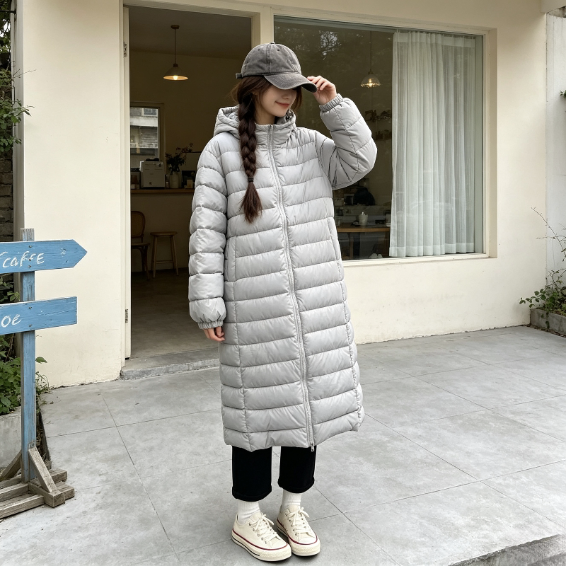 欧货冬季连帽设计感中长款过膝休闲宽松小个子防寒保暖棉服外套女