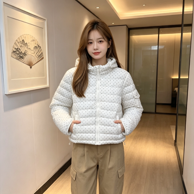 波点减龄连帽休闲百搭秋冬轻薄款排骨服外套女小个子设计感棉服潮