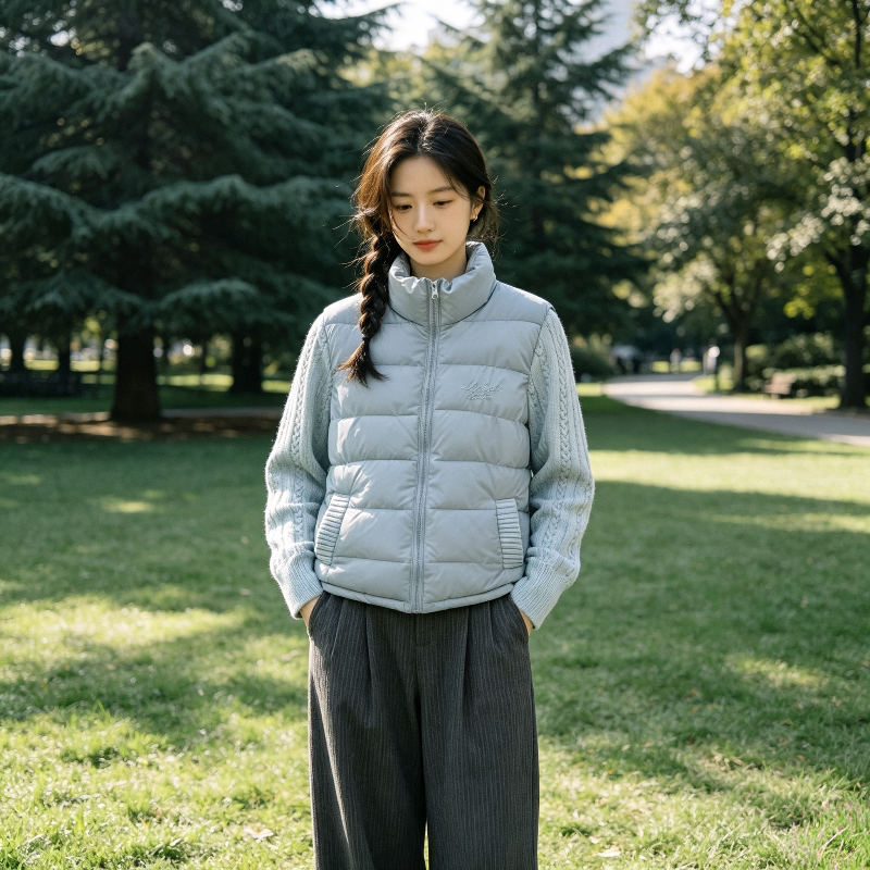 针织麻花袖子拼接设计感休闲宽松小个子秋冬棉服外套女洋气百搭潮